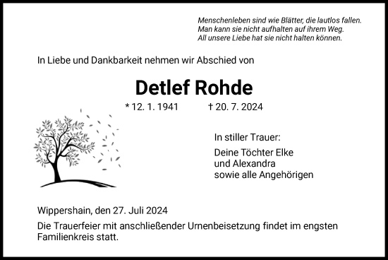 Todesanzeige von Detlef Rohde von HZ