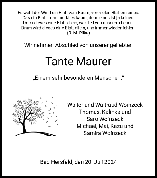 Todesanzeige von Tante Maurer  von HZ