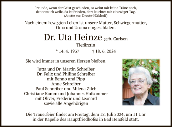 Todesanzeige von Uta Heinze von HZ