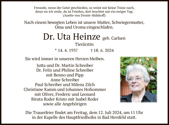 Todesanzeige von Uta Heinze von HZ