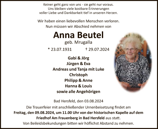 Todesanzeige von Anna Beutel von HZ