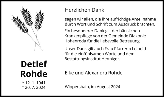 Todesanzeige von Detlef Rohde von HZ