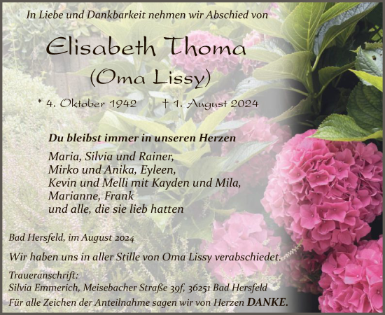 Todesanzeige von Elisabeth Thoma von HZ