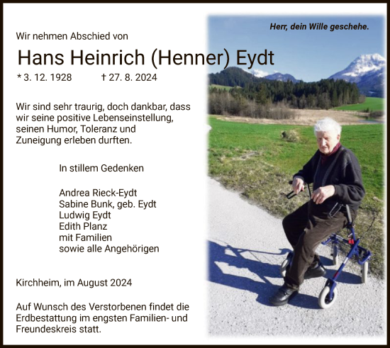 Todesanzeige von Hans Heinrich Eydt von HZ