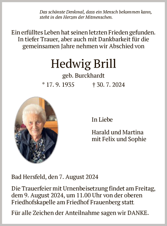 Todesanzeige von Hedwig Brill von HZ