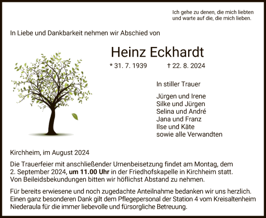 Todesanzeige von Heinz Eckhardt von HZHNA