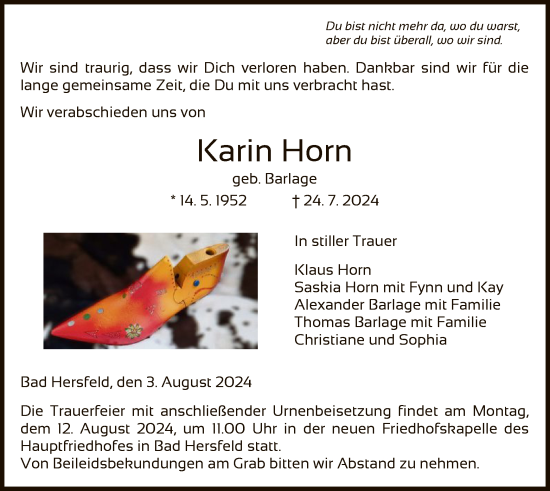 Todesanzeige von Karin Horn von HZ