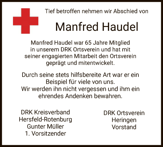 Todesanzeige von Manfred Haudel von HZ