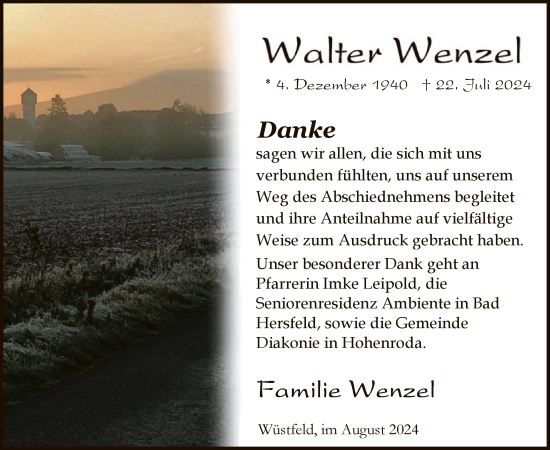 Todesanzeige von Walter Wenzel von HZ