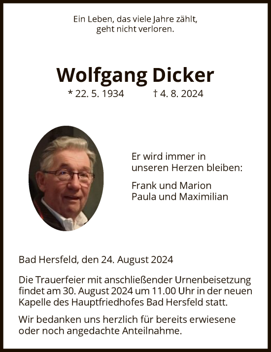 Todesanzeige von Wolfgang Dicker von HZ