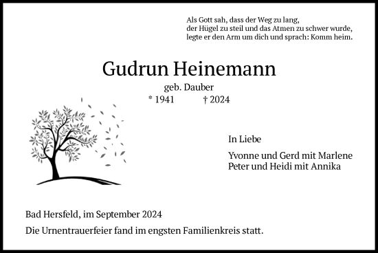 Todesanzeige von Gudrun Heinemann von HZ