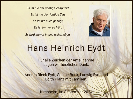 Todesanzeige von Hans Heinrich Eydt von HZ