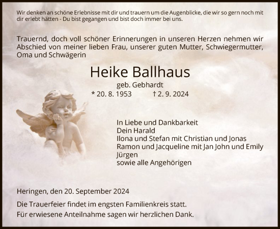 Todesanzeige von Heike Ballhaus von HZ