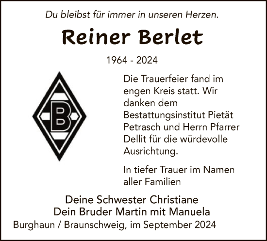 Todesanzeige von Reiner Berlet von HZ