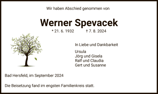 Todesanzeige von Werner Spevacek von HZ