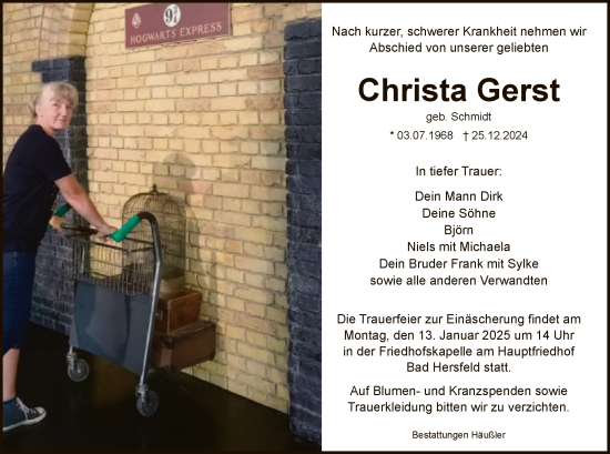 Todesanzeige von Christa Gerst von HZ