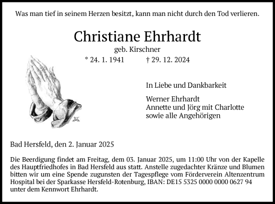 Todesanzeige von Christiane Ehrhardt von HZ