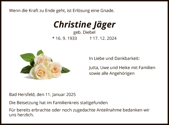 Todesanzeige von Christine Jäger von HZ