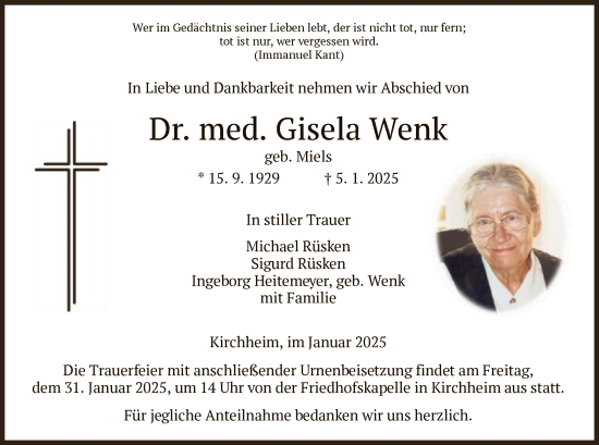 Todesanzeige von Gisela Wenk von HZ