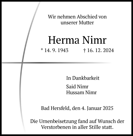 Todesanzeige von Herma Nimr von HZ