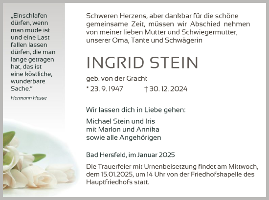 Todesanzeige von Ingrid Stein von HZ