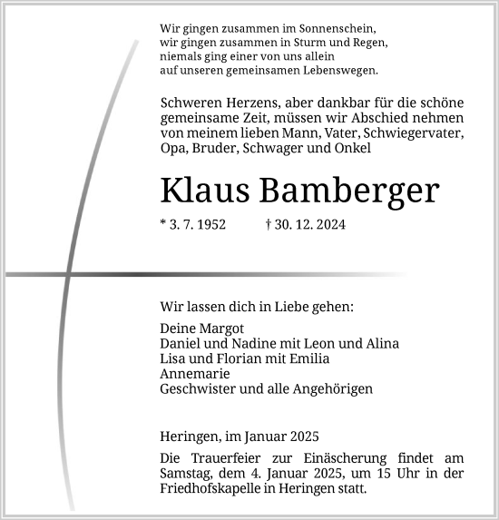 Todesanzeige von Klaus Bamberger von HZ