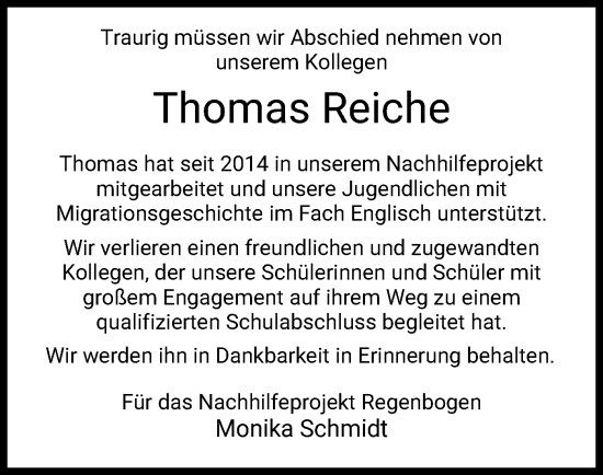 Todesanzeige von Thomas Reiche von HZ