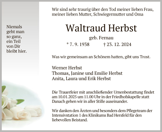 Todesanzeige von Waltraud Herbst von HZ