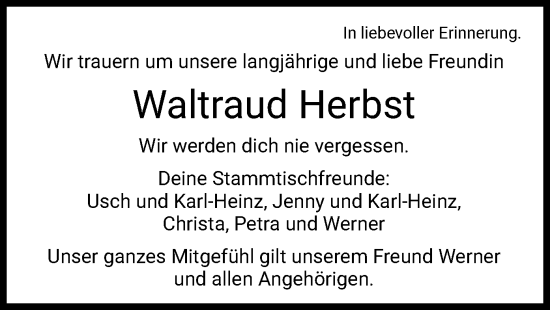 Todesanzeige von Waltraud Herbst von HZ