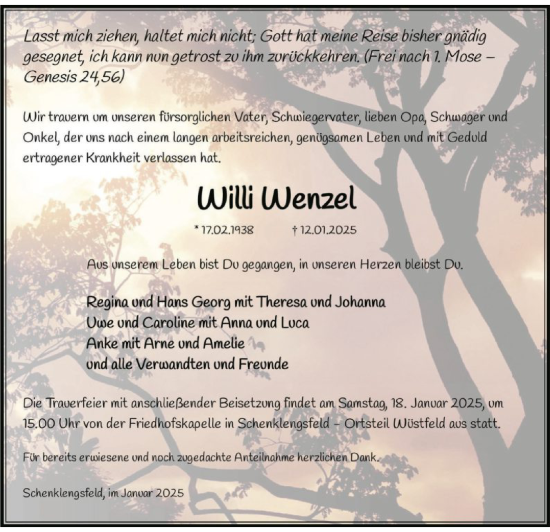 Todesanzeige von Willi Wenzel von HZ