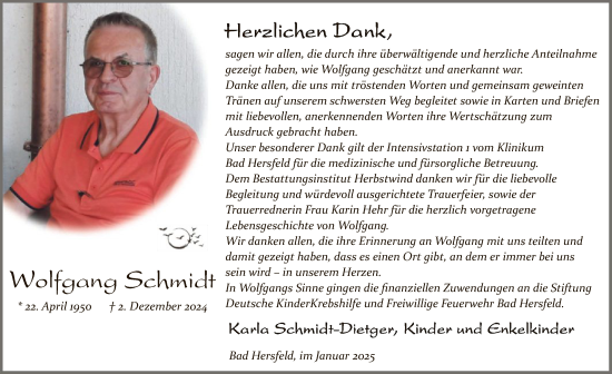 Todesanzeige von Wolfgang Schmidt von HZ