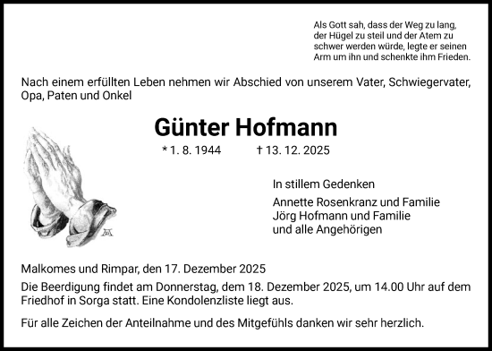 Todesanzeige von Günter Hofmann von HZ