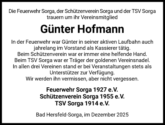 Todesanzeige von Günter Hofmann von HZ