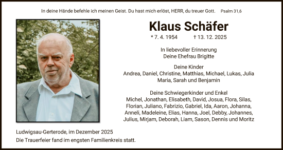 Todesanzeige von Klaus Schäfer von HZHN