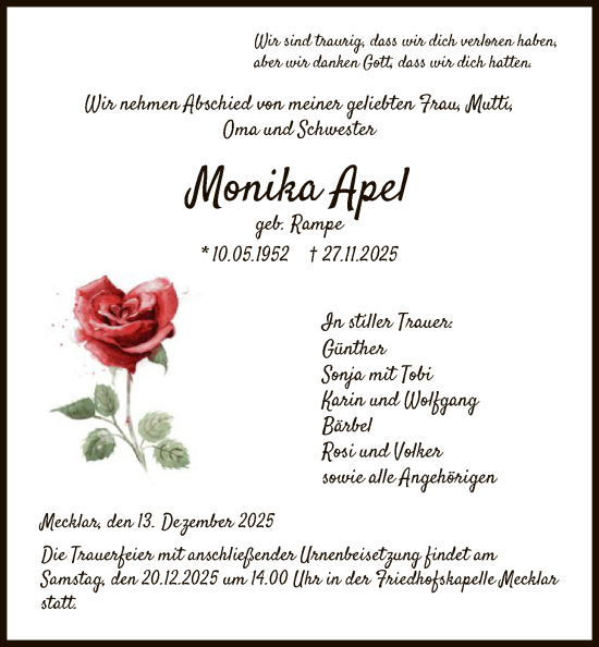 Todesanzeige von Monika Apel von HZ