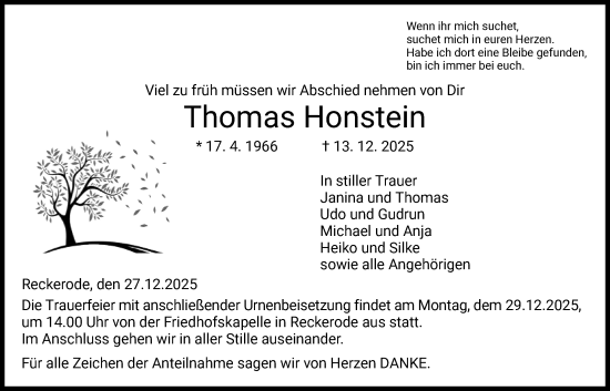 Todesanzeige von Thomas Honstein von HZ