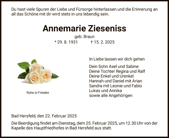Todesanzeige von Annemarie Zieseniss von HZ