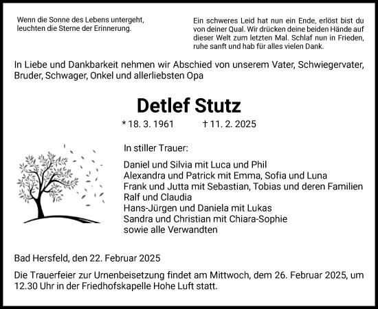 Todesanzeige von Detlef Stutz von HZ