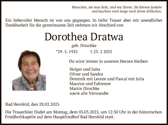Todesanzeige von Dorothea Dratwa von HZ
