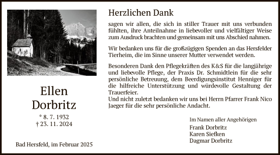 Todesanzeige von Ellen Dorbritz von HZ