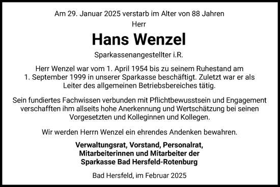 Todesanzeige von Hans Wenzel von HZ