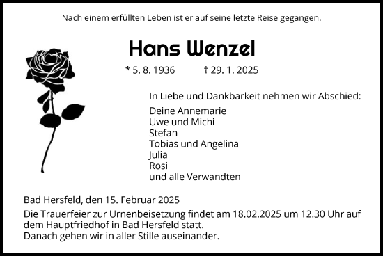 Todesanzeige von Hans Wenzel von HZ