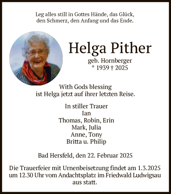 Todesanzeige von Helga Pither von HZ