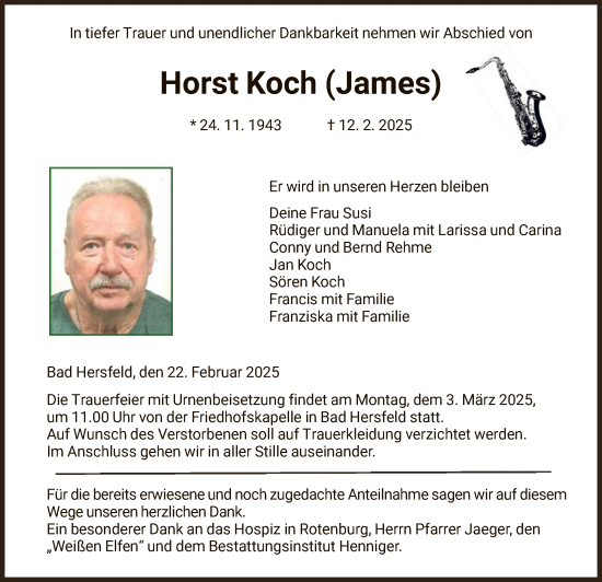 Todesanzeige von Horst Koch von HZHNA
