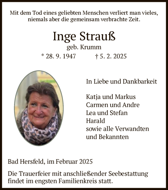 Todesanzeige von Inge Strauß von HZ