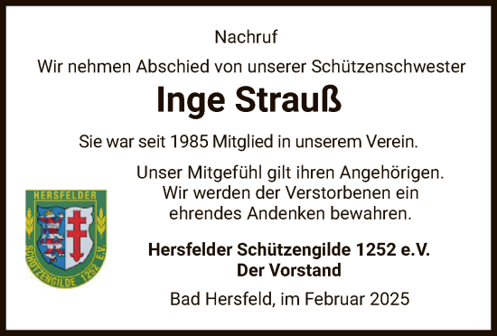 Todesanzeige von Inge Strauß von HZ