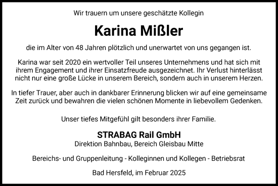 Todesanzeige von Karina Mißler von HZ