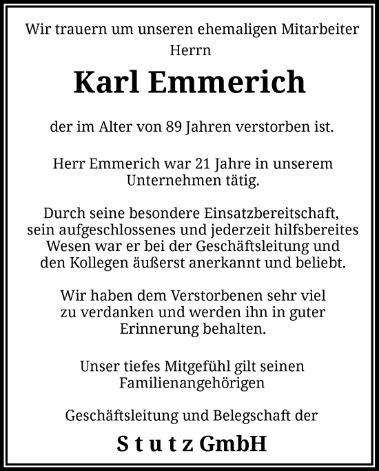 Todesanzeige von Karl Emmerich von HZ