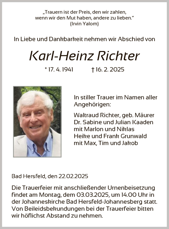 Todesanzeige von Karl-Heinz Richter von HZ