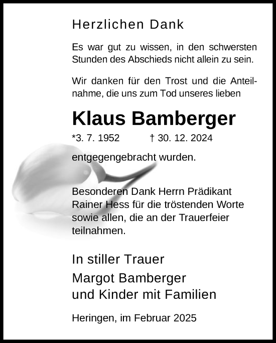 Todesanzeige von Klaus Bamberger von HZ